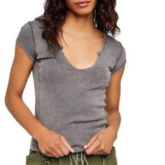 Free People Tops - Free People Always Yours Tee Gray Notched V Neck Mineral Wash Gray Womens Small
